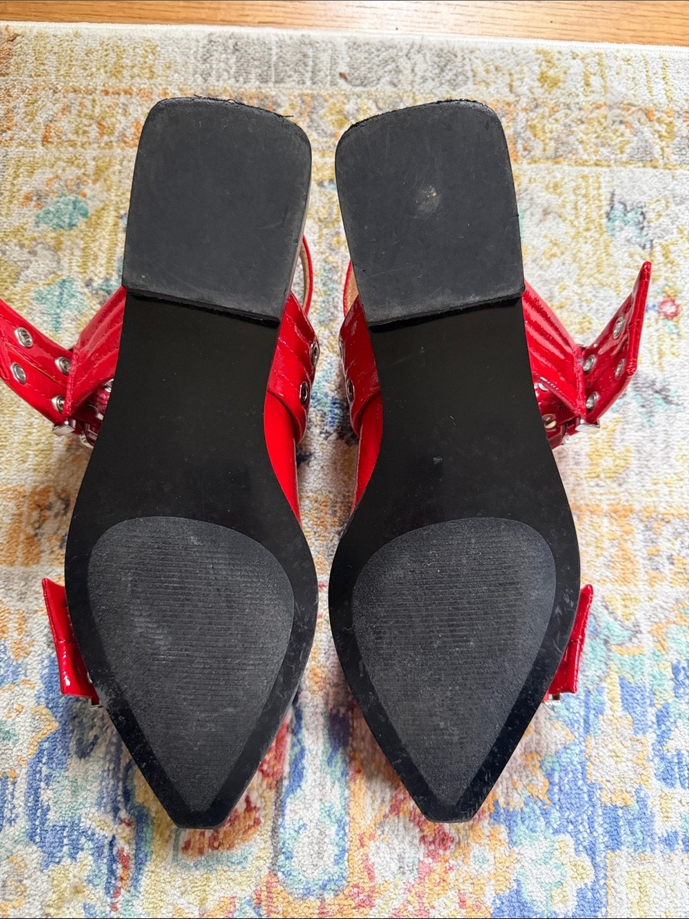 Red Patent Pointed-Toe Slingback Flats with Buckle Detail - Picture 3 of 4